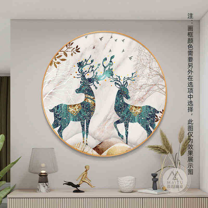 发财鹿招财入户玄关装饰画圆形现代客厅餐厅画墙壁画走廊过道挂画