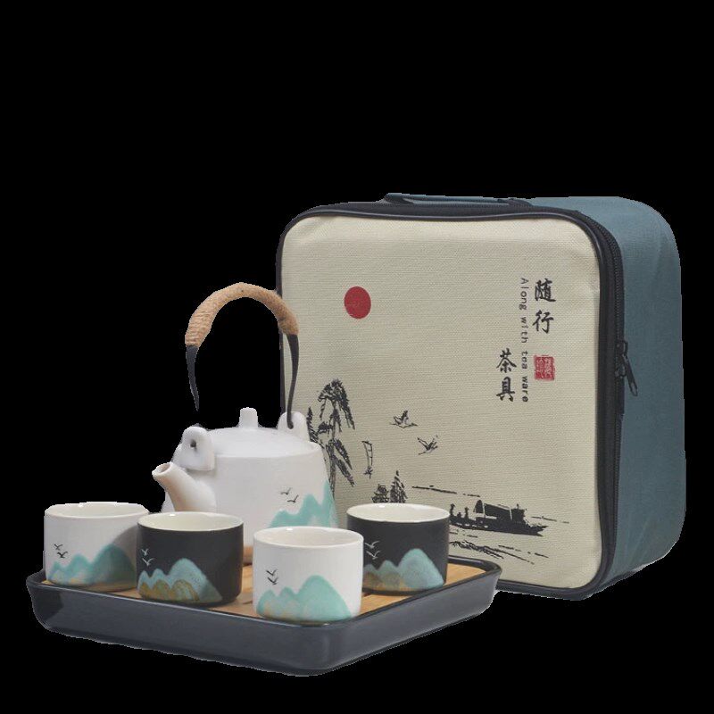 整套茶具套装家用陶瓷户外一壶四杯手绘提梁壶小茶盘便携茶台旅行