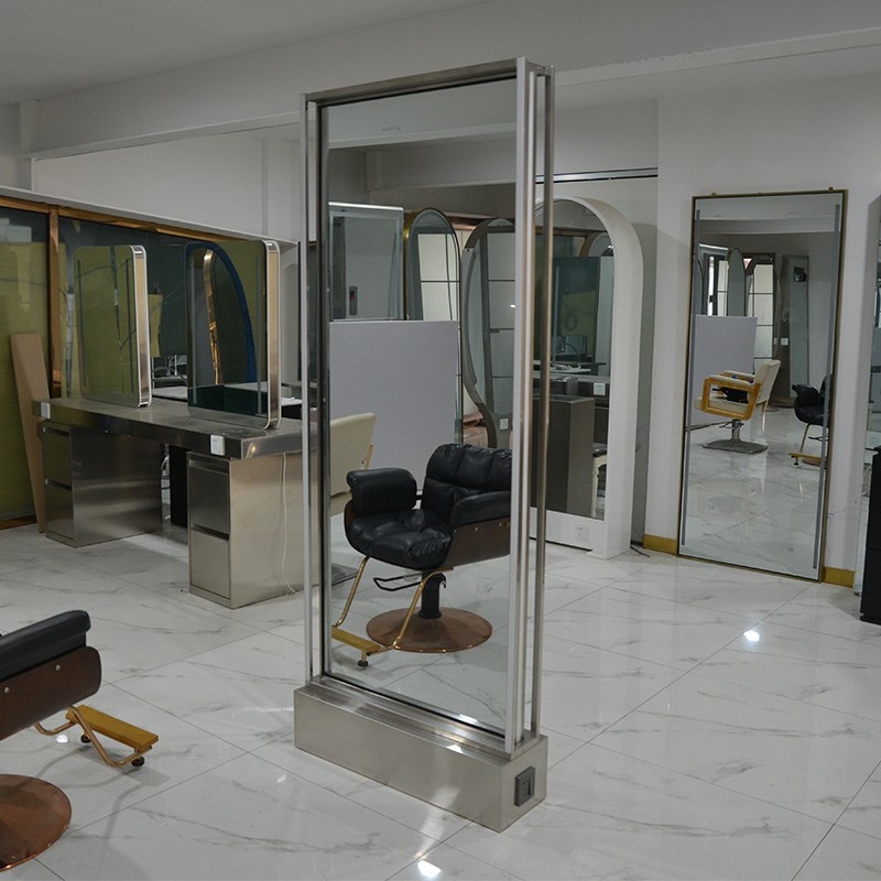 网红不锈钢框架理发镜带灯剪发烫染美发店镜子发廊双面落地镜
