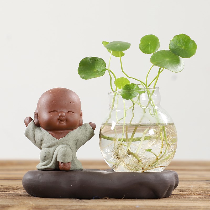 可爱小和尚花瓶摆件创意玻璃水培花盆迷你花钵茶道茶宠禅意花器皿