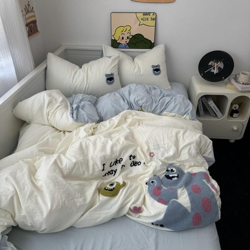 水洗棉床上四件套可爱长毛怪毛巾绣被套床单人学生宿舍三夏天床品