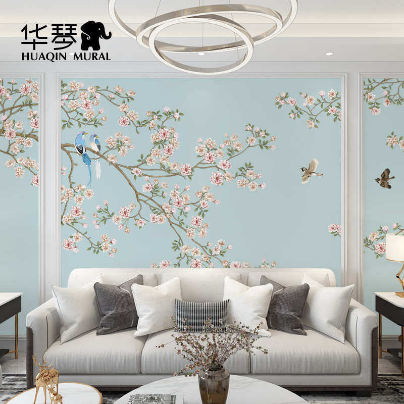 现代美式电视背景墙壁纸 客厅沙发婚房卧室床头 花鸟墙纸壁画墙