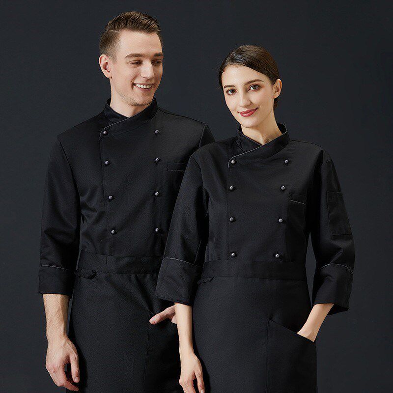 厨师服长袖跳棋扣白色定制logo秋冬装烘焙店厨房饭店大码工作服男