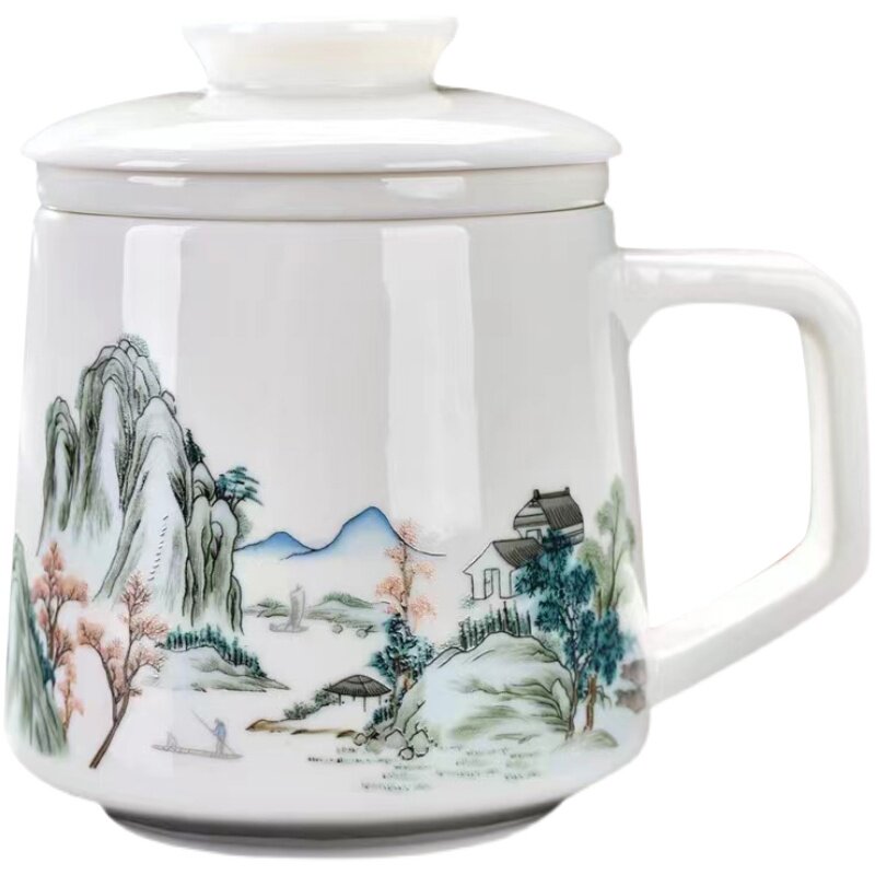 现货白瓷羊脂玉办公杯带盖子过滤茶水分离泡茶杯杯子陶瓷水杯礼品