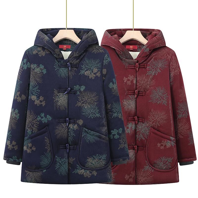 老年人冬装女奶奶加绒加r厚棉衣中长款妈妈冬季连帽棉服老太太棉