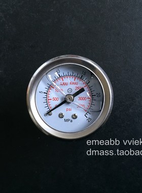 不锈钢耐震压力表25MPA量程3500PSI轴向螺纹1/8表面径40MM