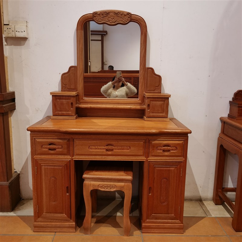 红木妆台菠萝格木化台花梨木色1.1米梳妆台配凳全实木妆桌厂直销