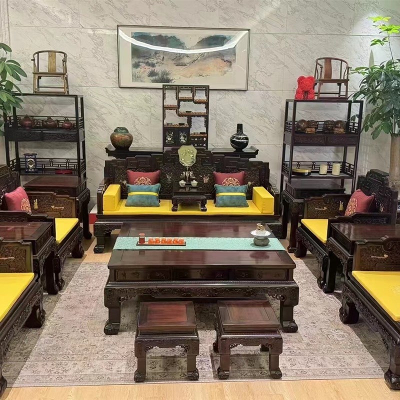 老挝大红酸枝客厅中式q红木古典大沙发组合交趾黄檀别墅大户型沙