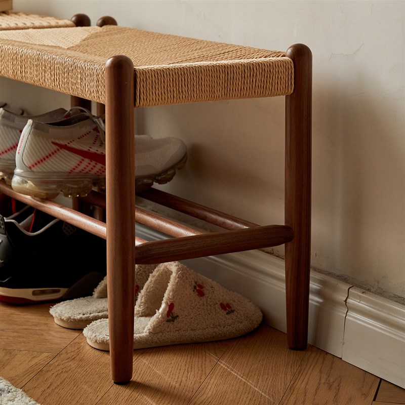 黑胡桃木换鞋凳穿鞋凳日式餐厅凳子牛筋编绳床尾收纳凳