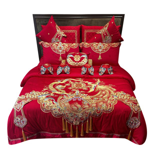新婚中式 绣花100支长绒棉婚庆四件套大红龙凤被套结婚床上四件套