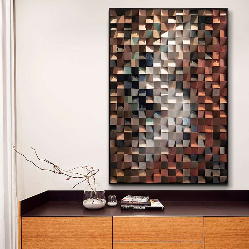 实木头马赛克客厅玄关沙发电视背景墙面装饰画实物3d立体挂画油画图片