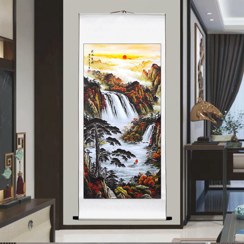 山水画玄关装饰画竖版卷轴画客厅风景画办公室墙壁走廊过道挂画