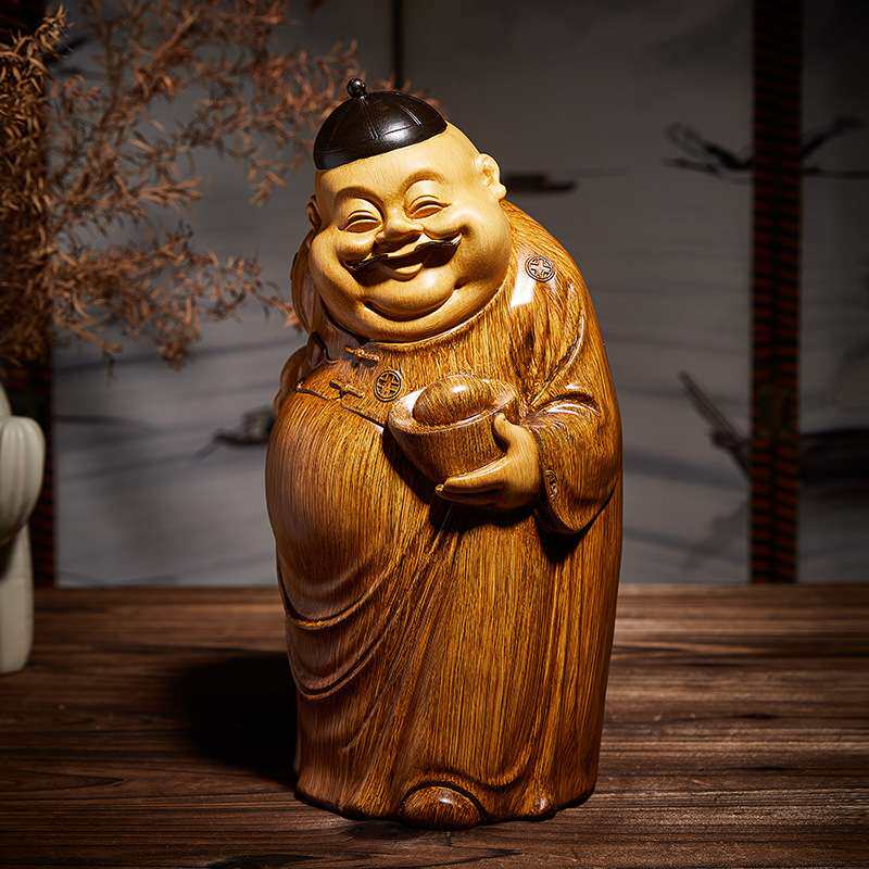 高端中式地主摆件客厅财神爷雕塑仿木雕茶几博古架装饰品桌面摆设