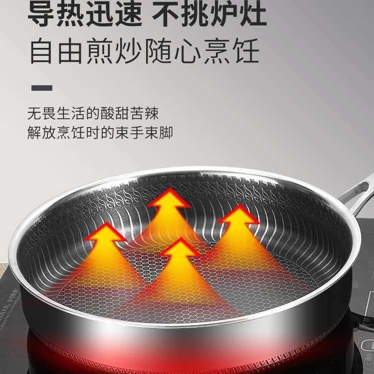 严选家用厨房316不锈钢煎锅双面屏蜂窝平底锅带盖不粘煎鸡蛋跨境