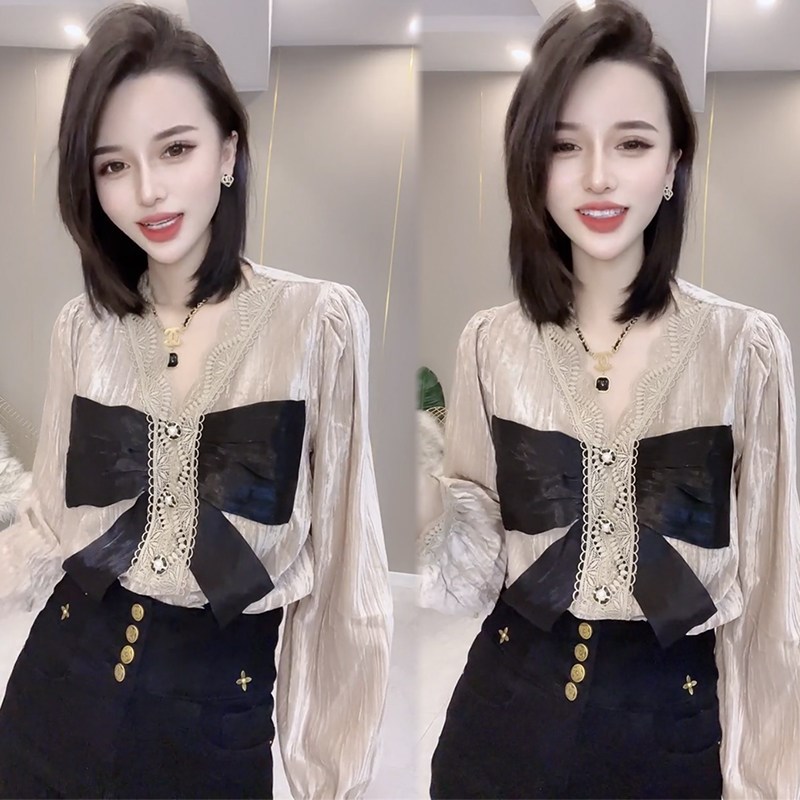 欧货金丝绒网红气质衬衫女25冬季v领套头设计感蝴蝶V结t恤打底衫