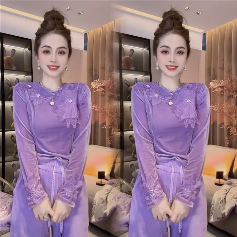 高级感立体花朵丝绒圆领打底衫女时尚洋气镶钻条绒阔Y腿裤两件套