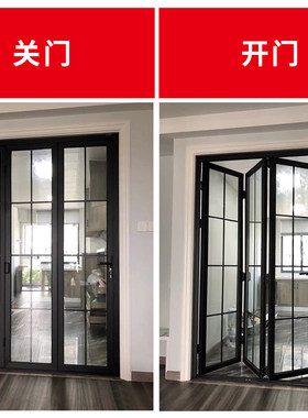 黑色极窄玻c璃折叠门商用吊轨推拉门阳台铝合金隔断厨房移动门