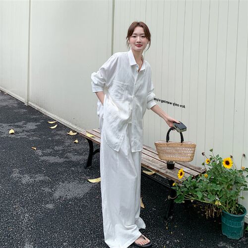 白色高级感老钱风套装女r夏2026新款长袖衬衣蕾丝马甲阔腿裤两件
