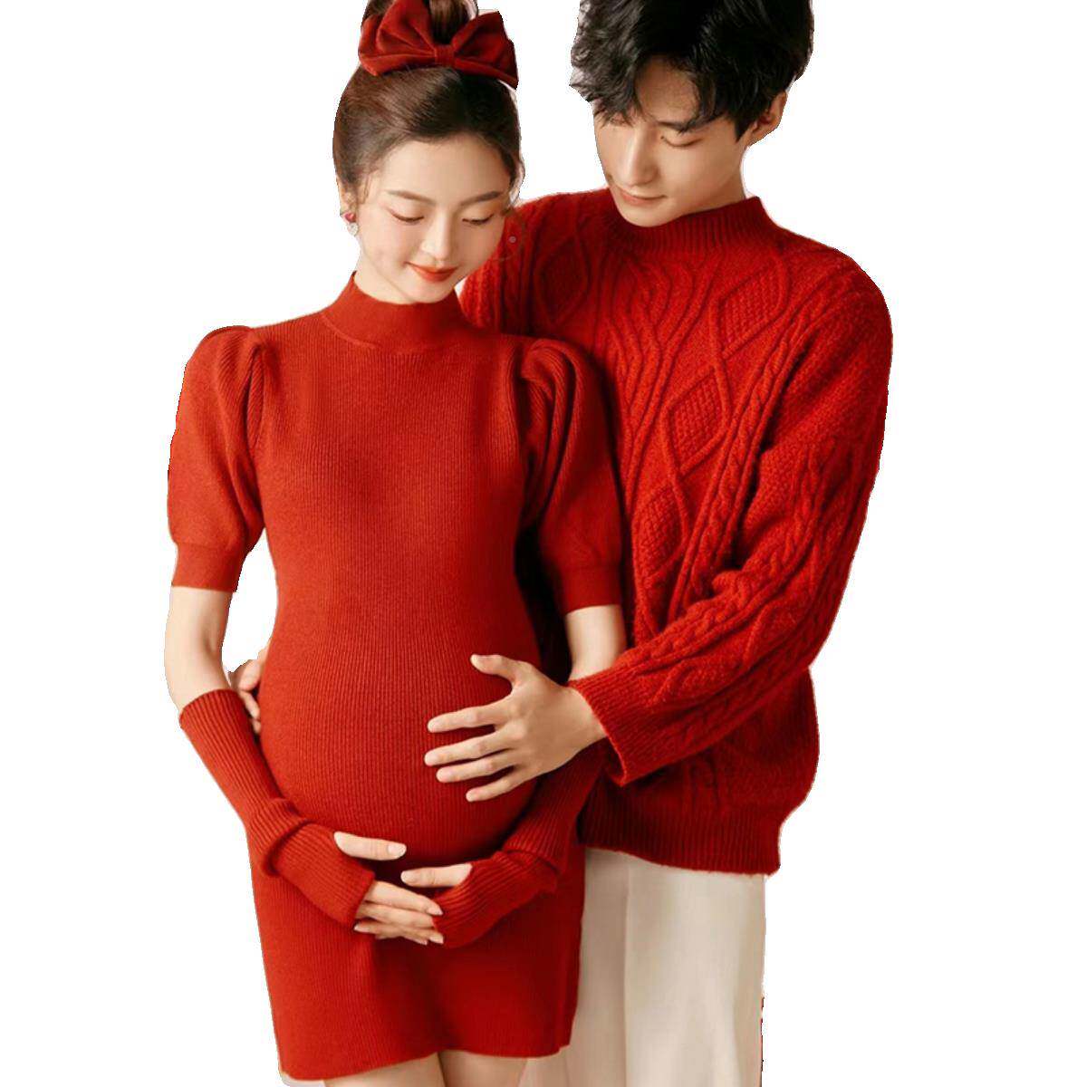 年诞红色喜庆圣主题服KNN情侣孕妇摄影装影楼夫新妻孕妈拍照服饰