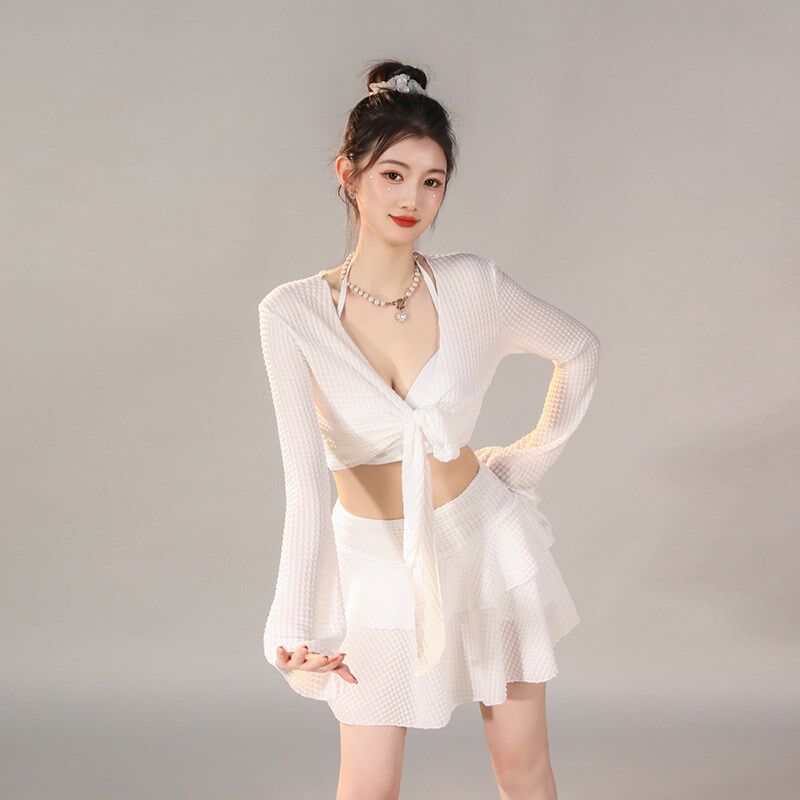 泳衣女小个子女h款泡温泉遮肉分体三件套白色2024新款爆款海边度