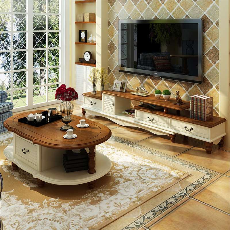 可伸缩地中海电视柜茶几组合实木烤漆美式乡村小户型客厅简约家具