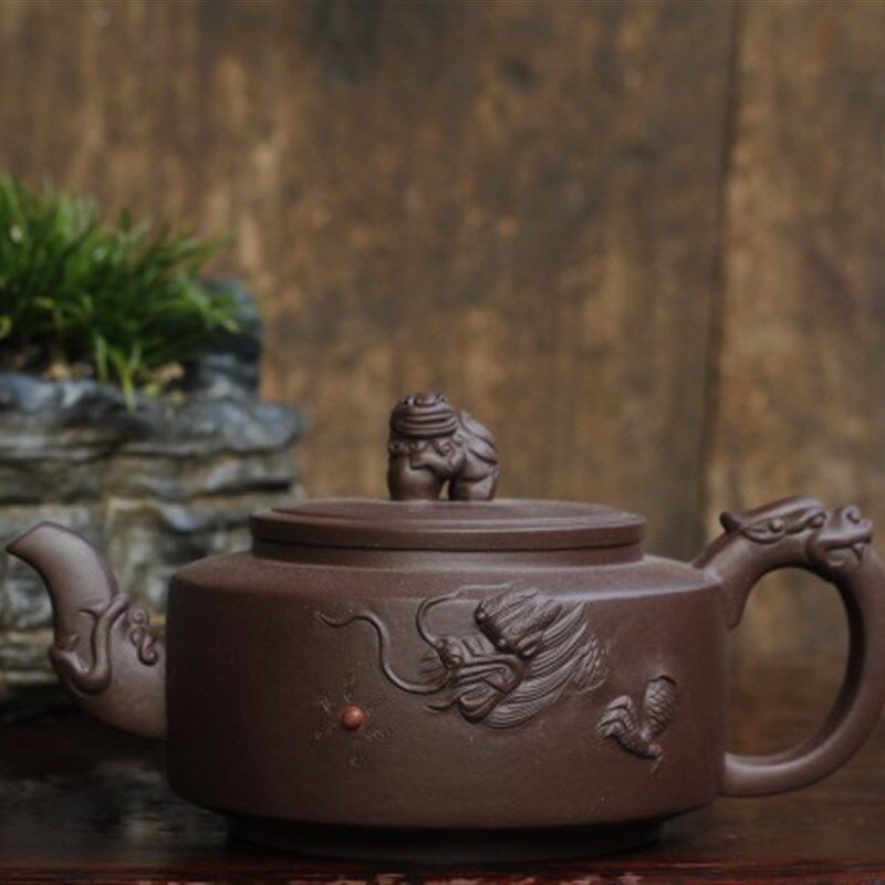 实用茶具传统壶型紫泥雕塑贴花龙腾狮跃紫砂壶