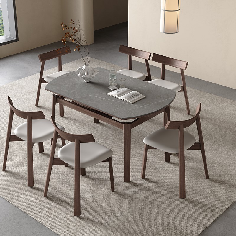 意式灰色岩板餐桌可伸缩圆形家用小户型饭桌椅现代简约实木圆餐桌