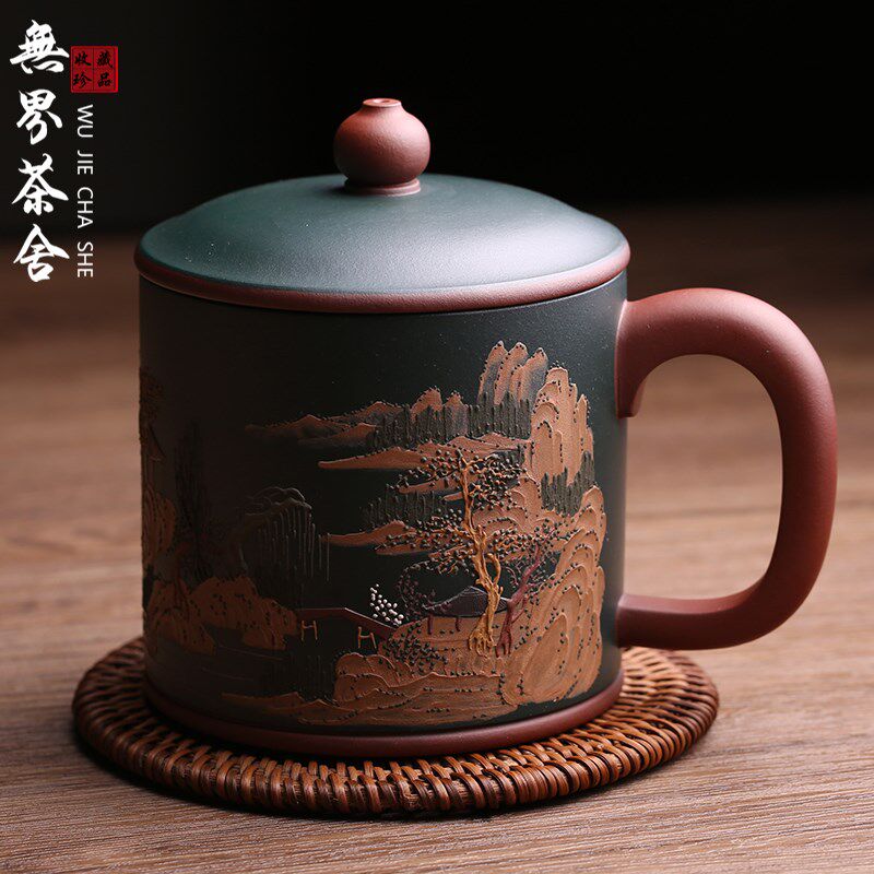 宜兴原矿紫砂主人杯春晓江南盖杯全手工品茗杯办公泡茶杯功夫茶具
