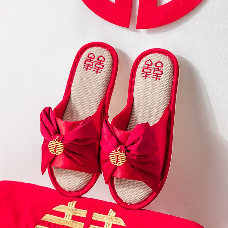 新款结婚凉拖鞋喜庆大红色夏季居家室内地板婚庆情侣亚麻拖鞋女