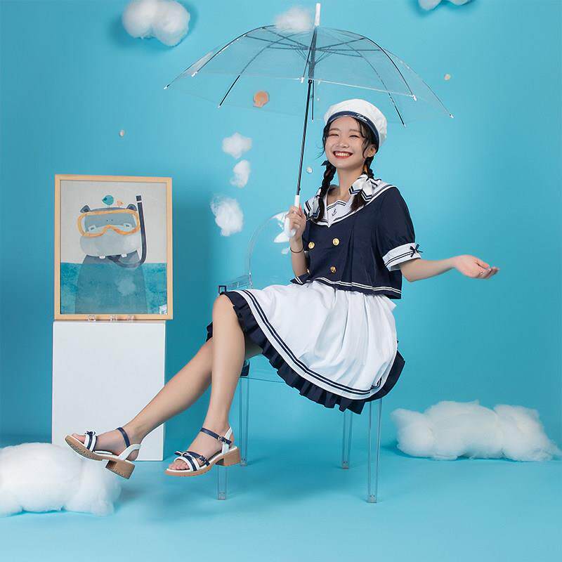 星帆^雾语夏日海风凉鞋女中跟甜美02化船锚军露趾白蓝色蝴蝶生结