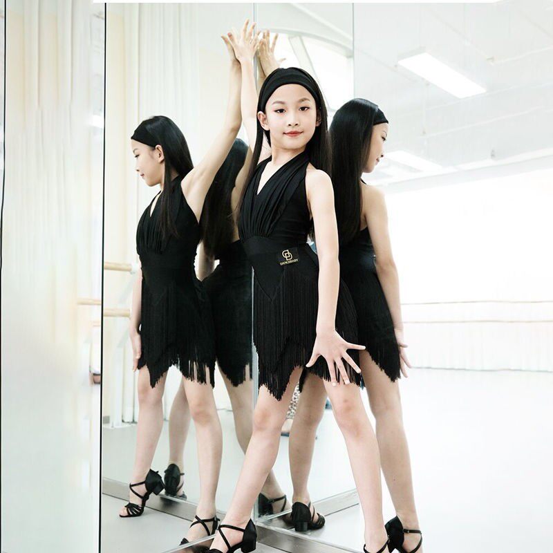 拉丁舞服女c儿童夏季露背练功服幼儿无袖网红流苏裙表演比赛跳舞