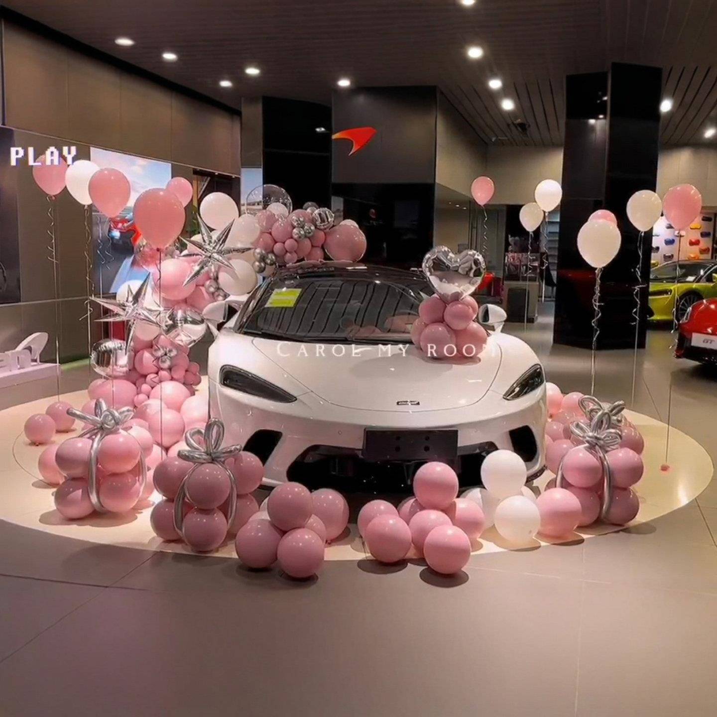 汽车店粉色气球布新置车交车车TC009提仪式车装展活动提展厅氛围