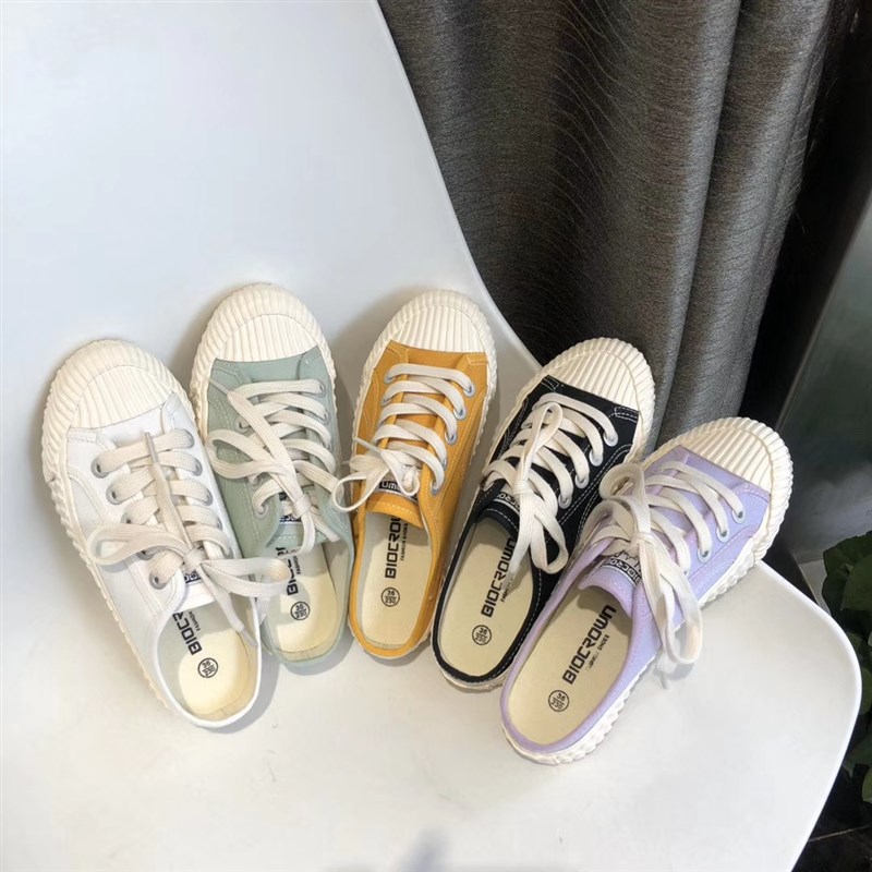 韩国ins超火h白色半拖帆布鞋女夏懒人一脚蹬软底透气饼干鞋无后跟