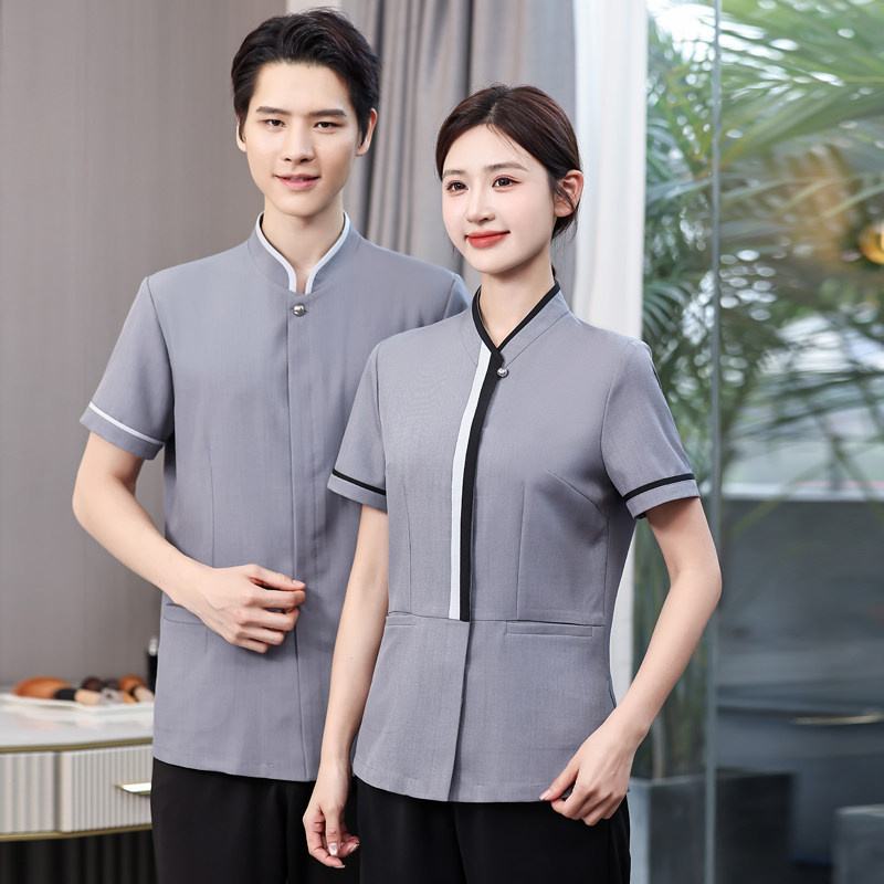 V领双色门襟星级酒店客r房保洁工作服半袖夏季物业阿姨清洁员家政