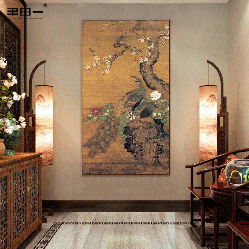 中式客厅沙发背景装饰画经典画作孔雀竹鹤挂画玄关古典.画过道壁