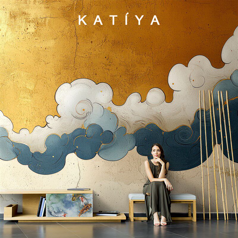 Katiya中式金箔墙布祥云朵电视背景墙壁纸装饰茶室R定制壁画2025