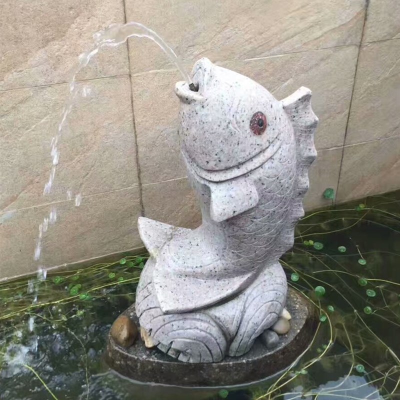 中式庭院水池动物喷水景观石材流水鲤鱼J吐水雕刻喷泉动物雕刻摆