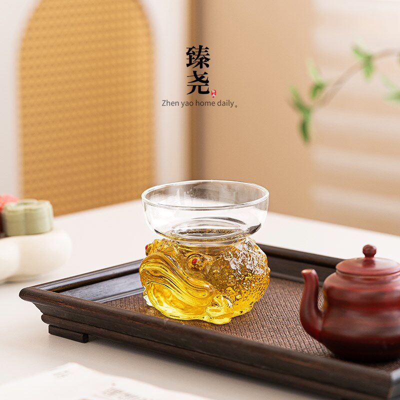 玻璃茶滤茶d漏高档招财金蟾茶宠摆件茶托过滤网茶道配件茶隔滤茶
