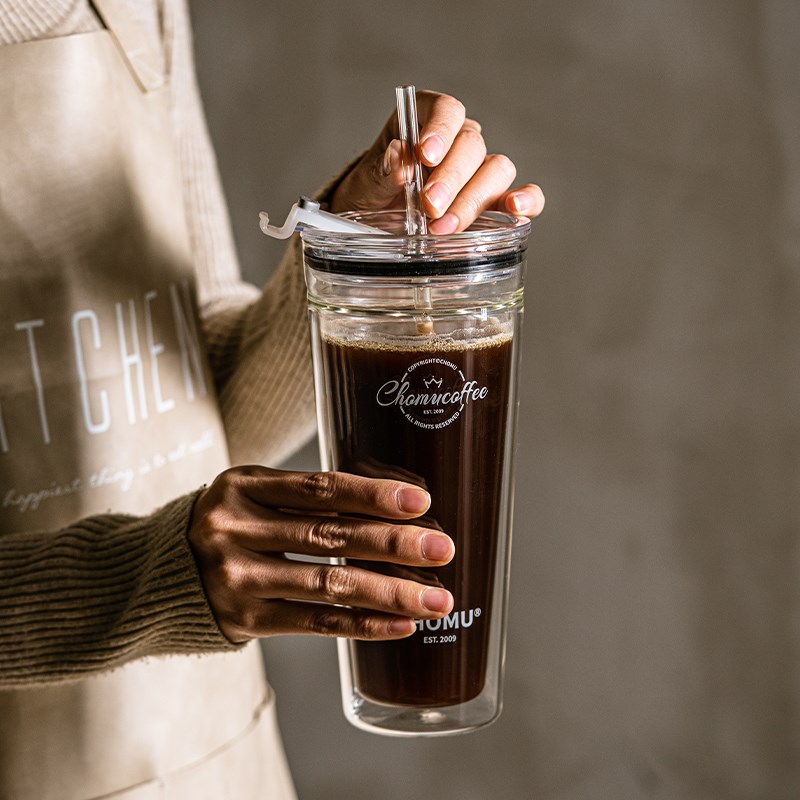 双层玻璃吸管杯大容量高硼硅耐高温水杯透明家用冰美式咖啡奶茶杯