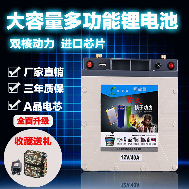 户外超轻锂电池12v大容量60ah100ah蓄电瓶疝气灯逆变器动力锂电瓶