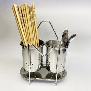 筷子笼圆304不锈钢双筒筷子架厨房免钉壁挂/台面通风沥水放筷篓子