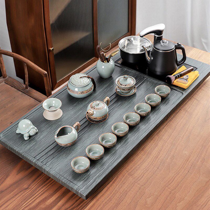 整套茶具套装家用功夫茶海木纹石茶盘乌金石泡茶台客厅全自动一体