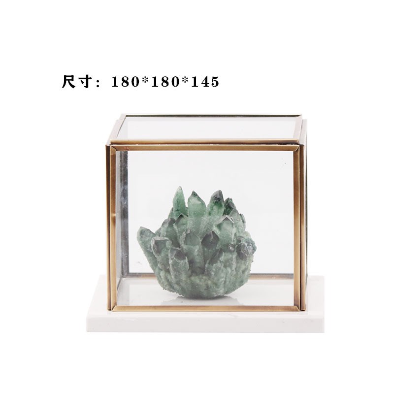 现代新中式透明玻璃罩大理石晶石花摆件客厅茶几博古架书柜艺术品