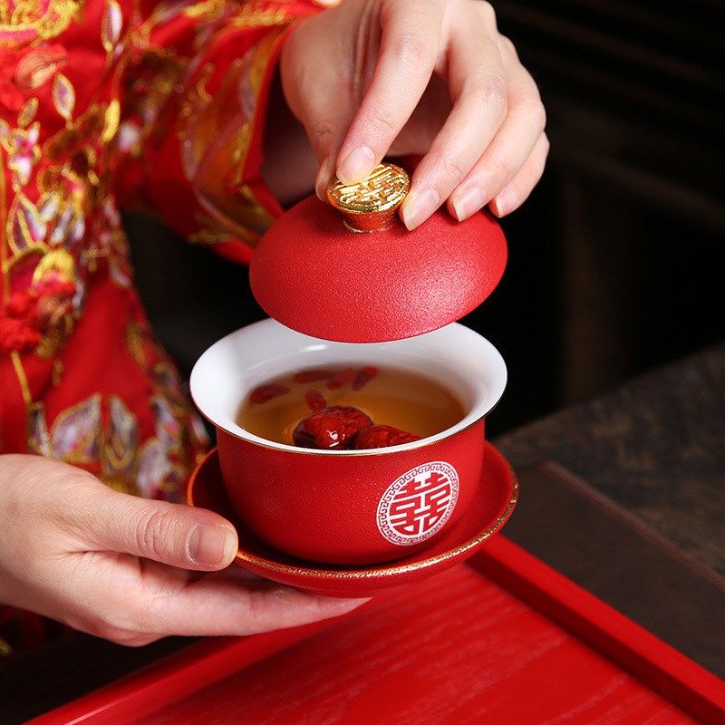 结婚敬茶杯陶瓷盖碗一对改口喜茶杯婚礼红色茶具套装新人婚庆送礼