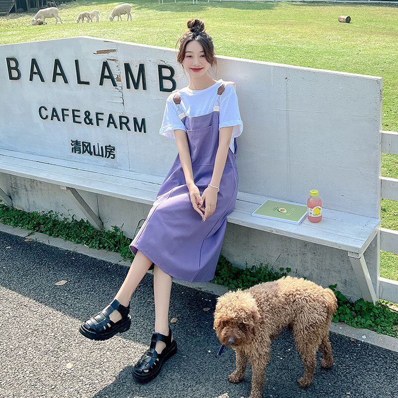 可盐可甜紫色背带裙女夏季薄款小个子F宽松显瘦两件套洋气减龄套