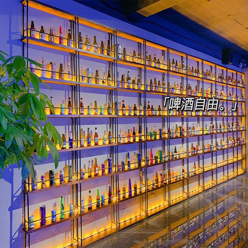 酒吧铁艺隔断啤酒红酒架餐厅墙上装饰实木吧台发光酒W柜展示置物