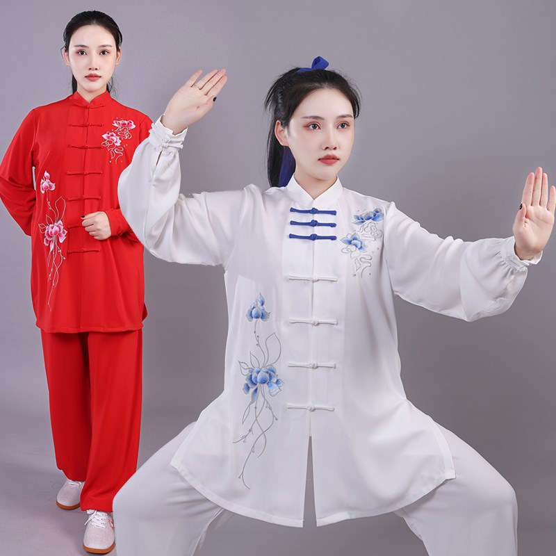 高档中长款红色武术比赛服太极拳练功服八段锦武T术表演服刺绣莲