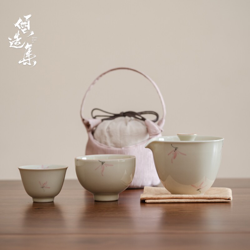 草木灰釉下手绘彩兰快客杯t一壶一杯陶瓷可携式旅行功夫茶具小套