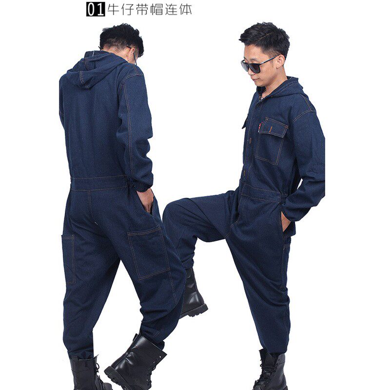 牛仔连体服带帽工作服男喷漆焊工防护装汽修搬P运养殖透气耐脏秋