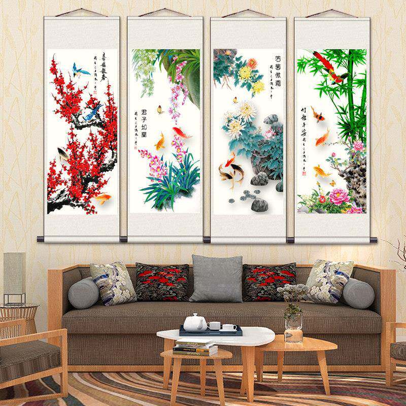 梅兰竹菊丝画卷轴四条屏挂画帆布条水墨画屏关挂画风玄客rdcJ0Ysl